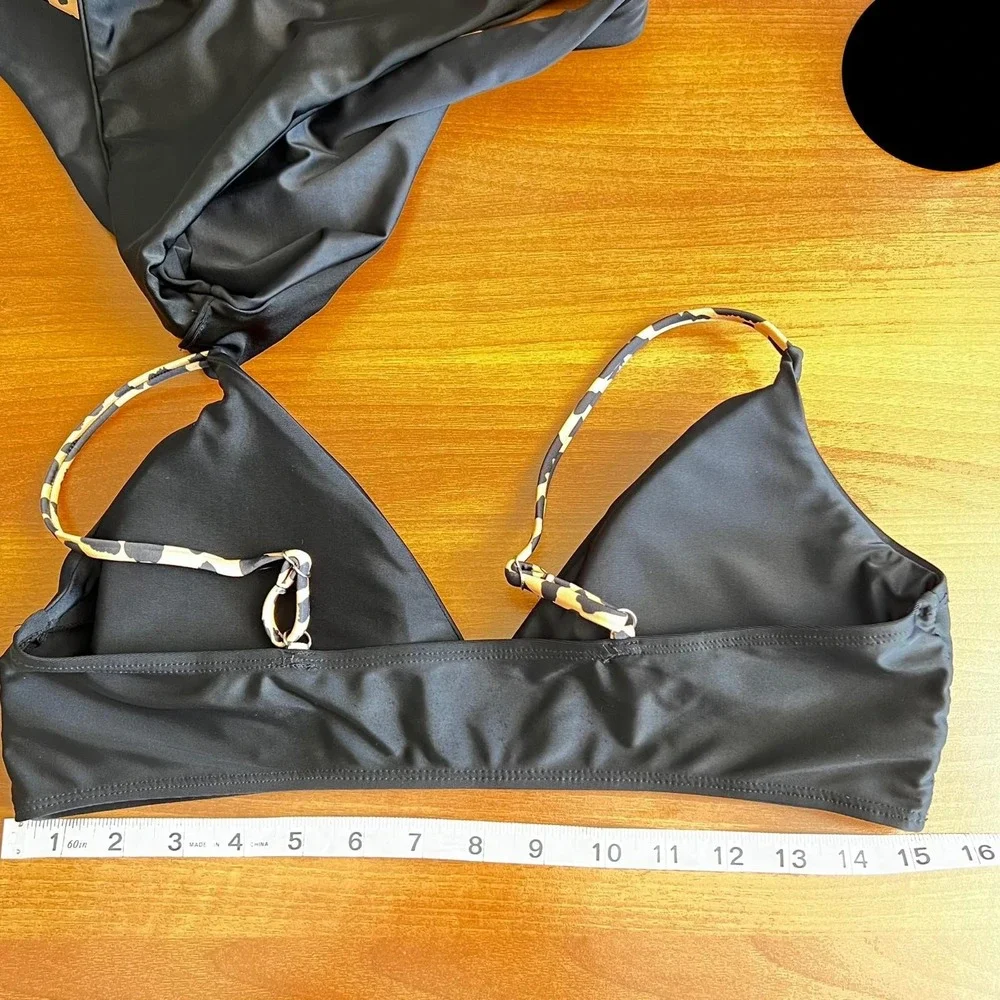 Bikini Swimsuit Womens XL Black Leopard Print Trim Two Piece Swimwear Adjustable